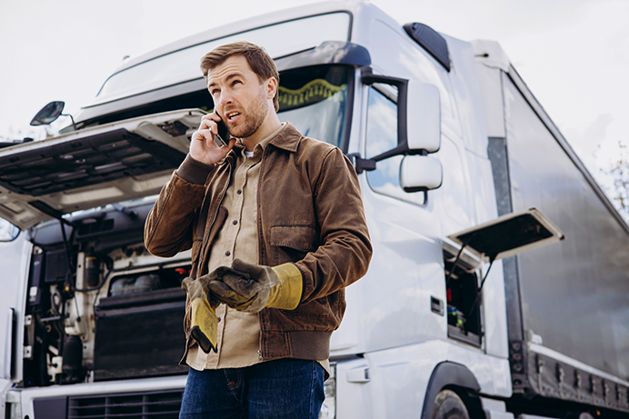 A truck driver on the phone discussing vehicle repair. Repair costs are a significant factor in the rising rates for transportation and logistics insurance.